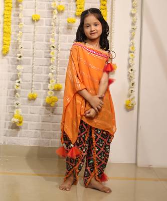 Orange one off shoulder embroidered kaftan with dhoti 5