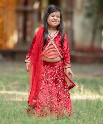 Red velvet embroidered floral sequin lehenga set 1