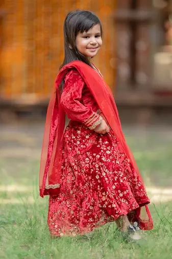 Red velvet embroidered floral sequin lehenga set