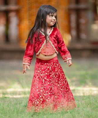 Red velvet embroidered floral sequin lehenga set 3