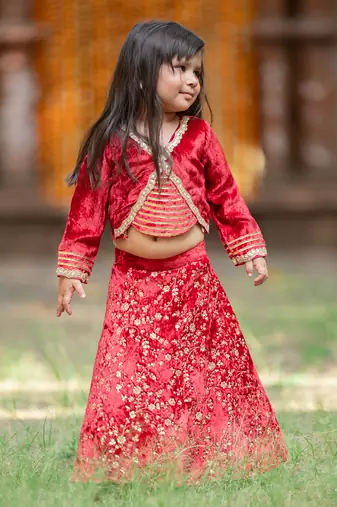 Red velvet embroidered floral sequin lehenga set