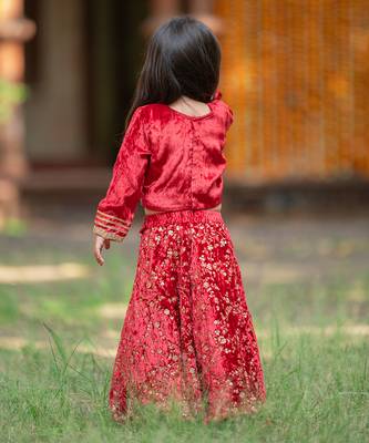 Red velvet embroidered floral sequin lehenga set 4