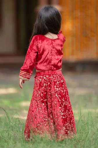 Red velvet embroidered floral sequin lehenga set