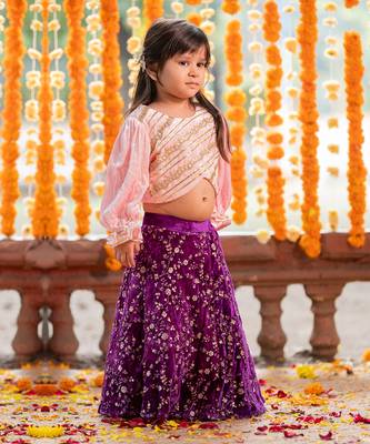 Pink velvet embroidered floral sequin lehenga blouse set 1