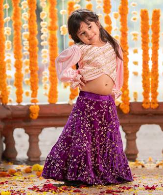 Pink velvet embroidered floral sequin lehenga blouse set 2
