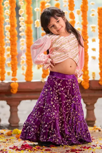Pink velvet embroidered floral sequin lehenga blouse set