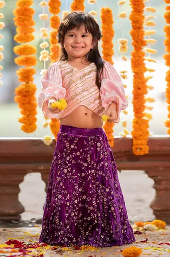 Pink velvet embroidered floral sequin lehenga blouse set