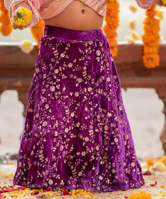 Pink velvet embroidered floral sequin lehenga blouse set 4
