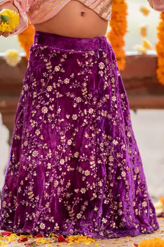 Pink velvet embroidered floral sequin lehenga blouse set