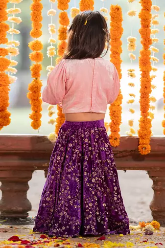 Pink velvet embroidered floral sequin lehenga blouse set