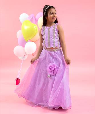 Lavender yoke embroidered organza flower embellished lehenga set 1