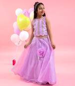 Lavender yoke embroidered organza flower embellished lehenga set