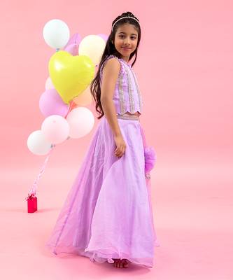 Lavender yoke embroidered organza flower embellished lehenga set 2