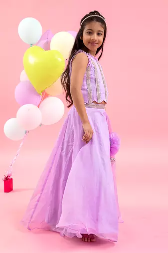 Lavender yoke embroidered organza flower embellished lehenga set