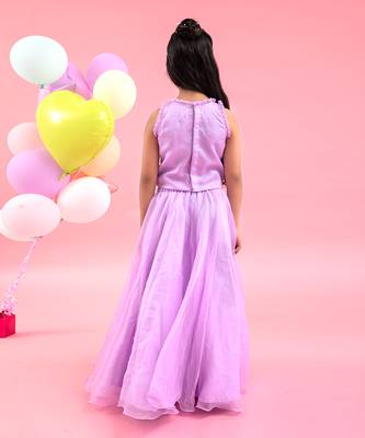 Lavender yoke embroidered organza flower embellished lehenga set 3
