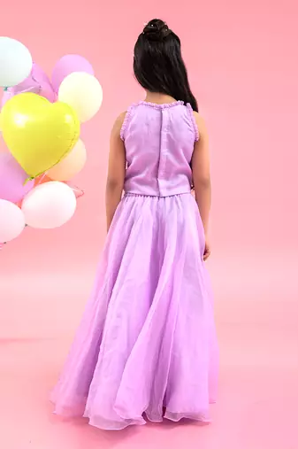 Lavender yoke embroidered organza flower embellished lehenga set