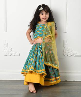 Yellow pure cotton embroidered mirror floral print lehenga set 1