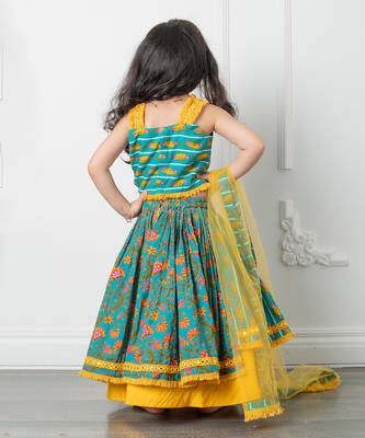 Yellow pure cotton embroidered mirror floral print lehenga set 2