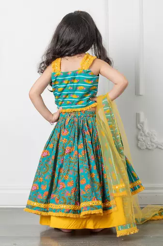 Yellow pure cotton embroidered mirror floral print lehenga set