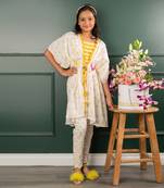 Yellow and white straps top and bird embroidered tie up white jacket and scalloped hem pant