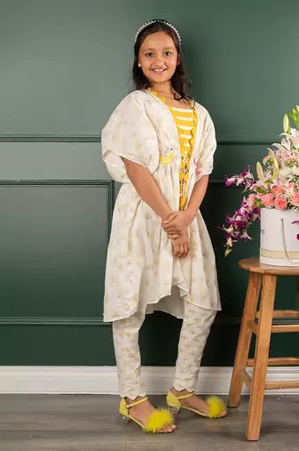 Yellow and white straps top and bird embroidered tie up white jacket and scalloped hem pant