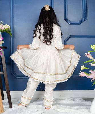 White chanderi silk embroidered floral flared kurta and pant set 3