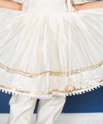 White chanderi silk embroidered floral flared kurta and pant set 4