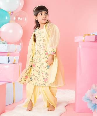 Yellow floral thread work kurti and jacket with dhoti 1