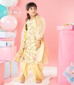 Yellow floral thread work kurti and jacket with dhoti