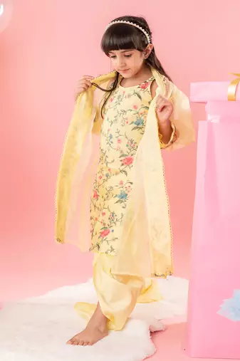 Yellow floral thread work kurti and jacket with dhoti