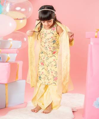 Yellow floral thread work kurti and jacket with dhoti 3
