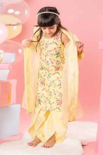 Yellow floral thread work kurti and jacket with dhoti