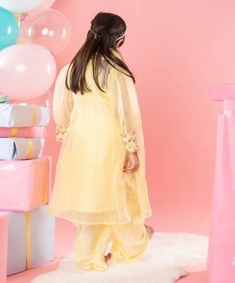 Yellow floral thread work kurti and jacket with dhoti 4