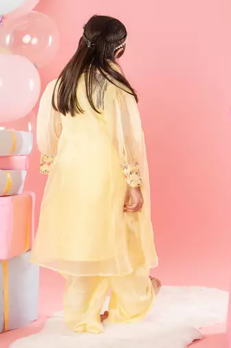 Yellow floral thread work kurti and jacket with dhoti
