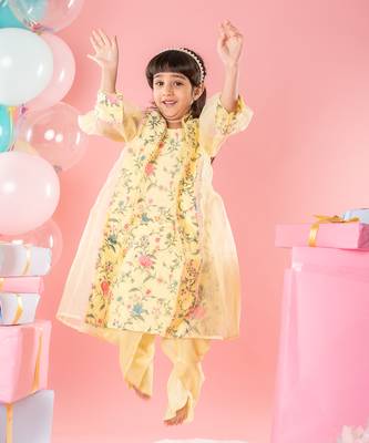 Yellow floral thread work kurti and jacket with dhoti 5