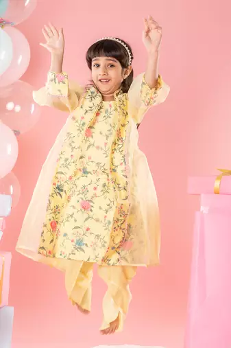 Yellow floral thread work kurti and jacket with dhoti