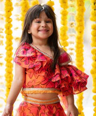 Orange and pink organza printed floral lehenga with one-shoulder blouse 3