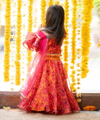 Orange and pink organza printed floral lehenga with one-shoulder blouse 4