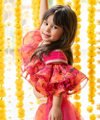 Orange and pink organza printed floral lehenga with one-shoulder blouse 5