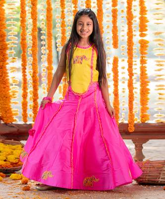 Yellow and pink tafetta silk embroidered mirror elephant motif lehenga with blouse 1