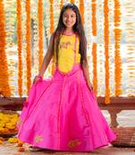 Yellow and pink tafetta silk embroidered mirror elephant motif lehenga with blouse