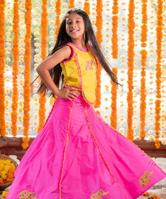Yellow and pink tafetta silk embroidered mirror elephant motif lehenga with blouse 2