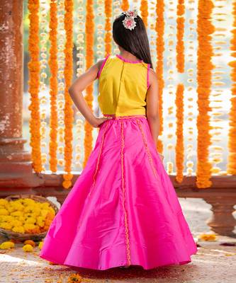 Yellow and pink tafetta silk embroidered mirror elephant motif lehenga with blouse 4