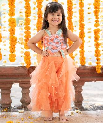 Orange net embroidered sequin frilled lehenga with floral cutwork crop top 1