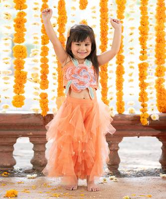 Orange net embroidered sequin frilled lehenga with floral cutwork crop top 2