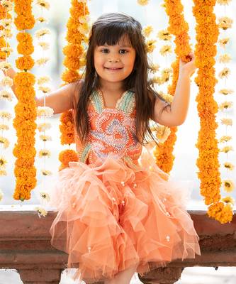 Orange net embroidered sequin frilled lehenga with floral cutwork crop top 3