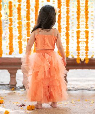 Orange net embroidered sequin frilled lehenga with floral cutwork crop top 5