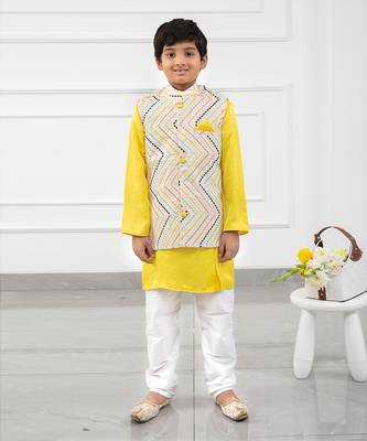 Off white cotton embroidered thread nehru jacket and yellow kurta set 1