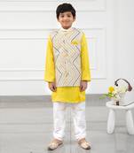 Off white cotton embroidered thread nehru jacket and yellow kurta set