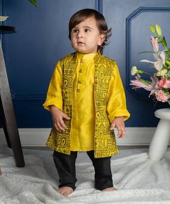 Yellow chanderi silk embroidered thread nehru jacket with kurta set 1
